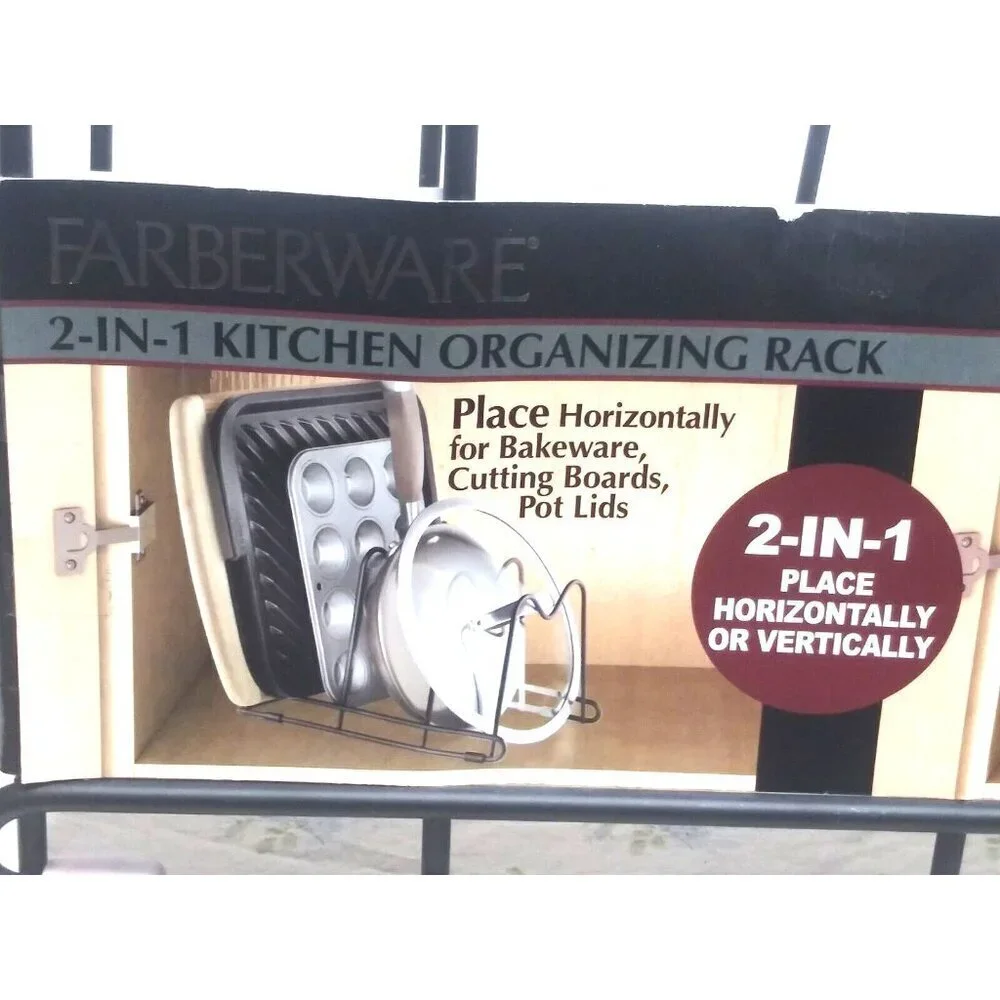 NEW Farberware Kitchen Organizing Rack Bakeware Pans Pot Lids Cutting Board etc